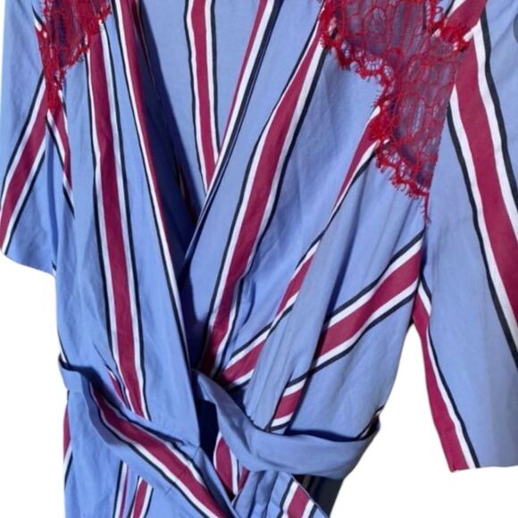 SANDRO Paris Mellow Stripe Blue Red Wrap Midi Shirt Dress Lace Inserts Size S - Picture 15 of 15